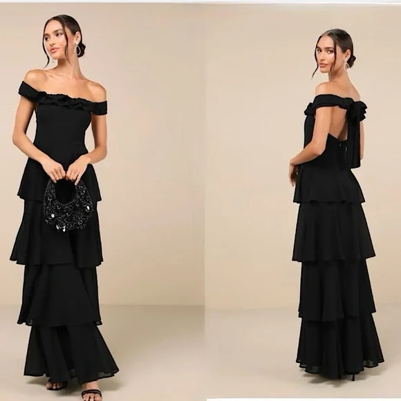 Lulus Delightful Essence Off-the-Shoulder Tiered
Maxi Dress, Black, Size S, NWT - Picture 1 of 16